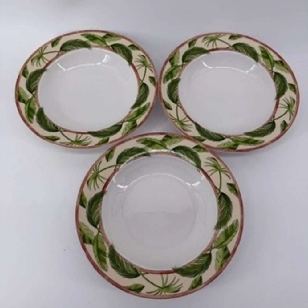 American Atelier Monkey 5029 Porcelain Pasta Bowls Set‎ of 3 Tropical Palm Leaf